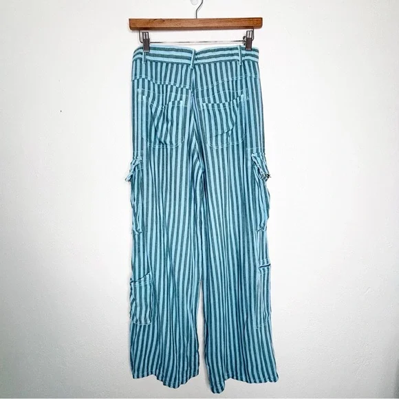 Urban Outfitters Alexandra Blue Green Striped Linen Cargo Pants Size Small - Picture 4 of 13